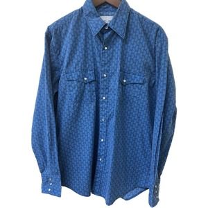Mens L - WRANGLER Blue Paisley Long Sleeve Pearl Snap Western Shirt